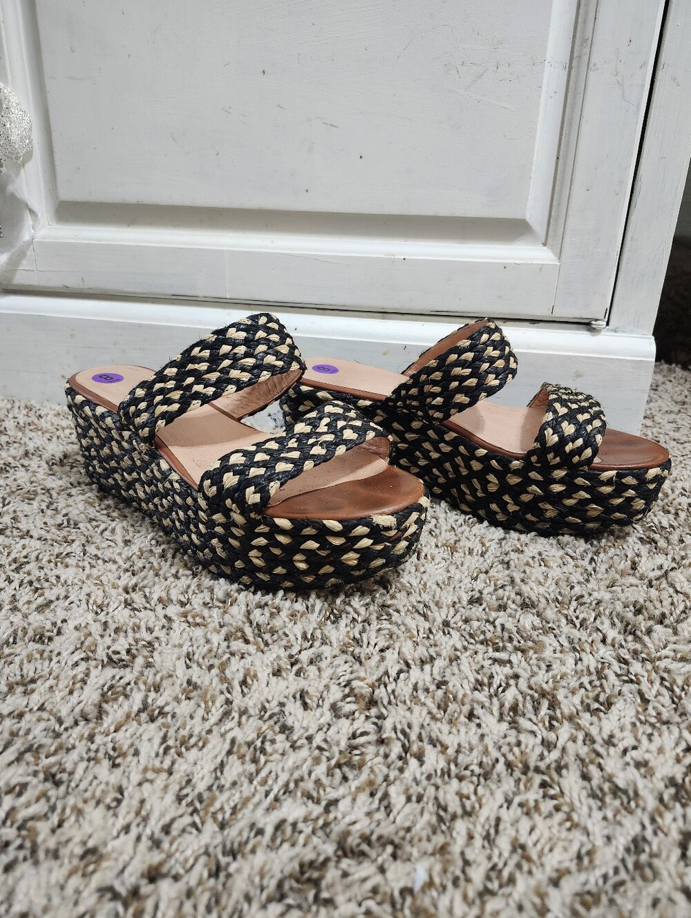 Robert Clergerie Vintage Black and Natural Woven Platform Slide Espadrilles 8